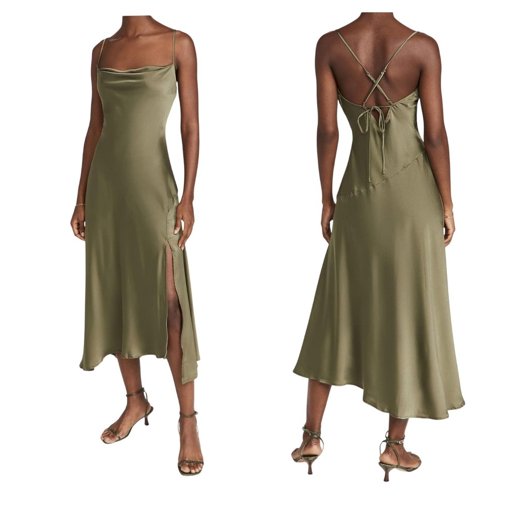 ASTR Sage Satin Cowl Neck Midi‎ Slip Dress Side Slit Tie Back NEW